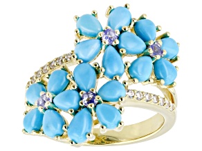 Sleeping Beauty Turquoise, Tanzanite, Zircon 18k Yellow Gold Over Sterling Silver Ring 0.31ctw