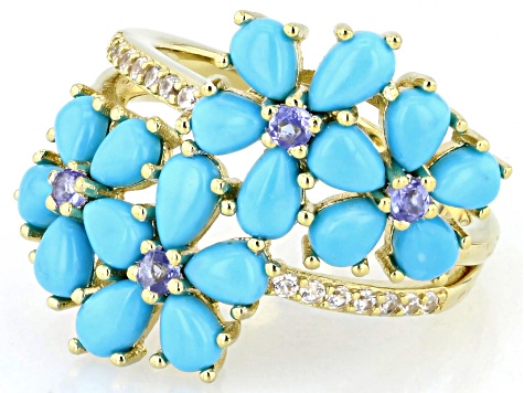 Sleeping Beauty Turquoise, Tanzanite, Zircon 18k Yellow Gold Over Sterling Silver Ring 0.31ctw