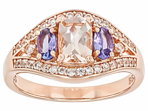 Morganite With Tanzanite and White Zircon 18k Rose Gold Over Sterling Silver Ring 1.60ctw