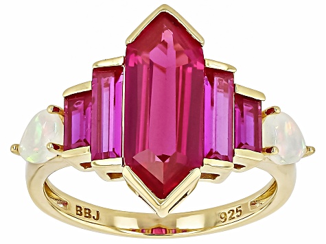 Lab Created Ruby With Ethiopian Opal 18k Yellow Gold Over Sterling Silver Ring 4.67ctw