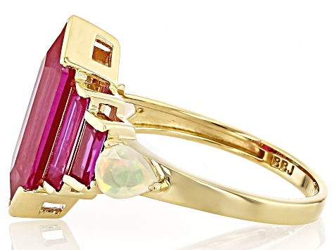 Lab Created Ruby With Ethiopian Opal 18k Yellow Gold Over Sterling Silver Ring 4.67ctw