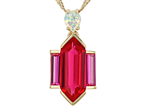 Lab Created Ruby With Ethiopian Opal 18k Yellow Gold Over Sterling Silver Pendant With Chain 3.91ctw