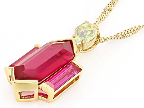 Lab Created Ruby With Ethiopian Opal 18k Yellow Gold Over Sterling Silver Pendant With Chain 3.91ctw