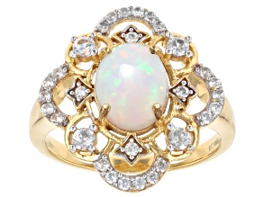 Ethiopian Opal With White Zircon 18k Yellow Gold Over Sterling Silver Ring