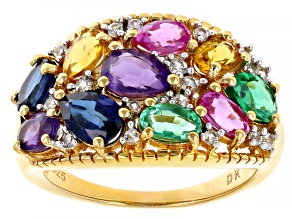 Multi Color Sapphire With White Zircon 18k Yellow Gold Over Sterling Silver Ring 3.39ctw