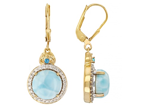 Larimar With Neon Apatite With White Zircon 18k Yellow Gold Over Sterling Silver Earrings 0.60ctw