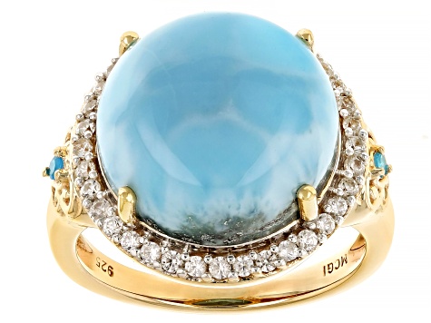 Larimar With Neon Apatite With White Zircon 18k Yellow Gold Over Sterling Silver Ring 0.43ctw