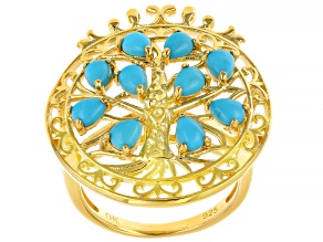 Blue Sleeping Beauty Turquoise 18k Yellow Gold Over Sterling Silver Tree of Life Ring