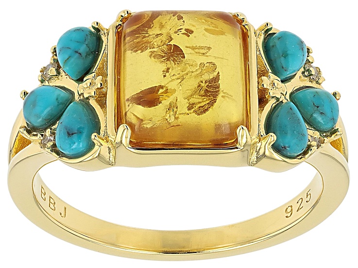 Amber With Turquoise And White Zircon 18k Yellow Gold Over Sterling Silver Ring 0.06ctw