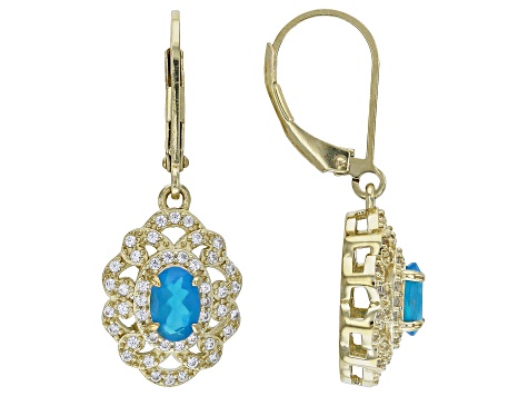 Paraiba Blue Opal With White Zircon 18k Yellow Gold Over Sterling Silver Earrings 0.98ctw