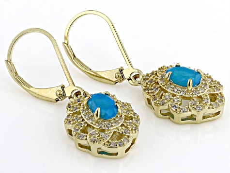 Paraiba Blue Opal With White Zircon 18k Yellow Gold Over Sterling Silver Earrings 0.98ctw