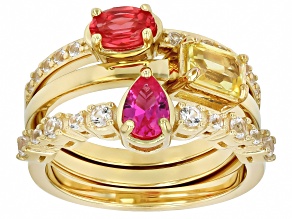 Lab Padparadscha Sapphire, Lab Multi Sapphire 18k Yellow Gold Over Silver Stackable Ring 2.07ctw