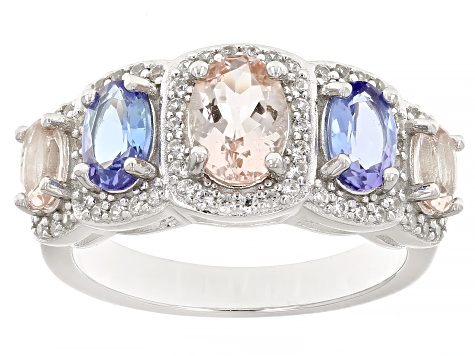 Morganite With Tanzanite With White Zircon  Rhodium Over Sterling Silver Ring 2.20ctw