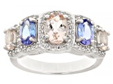 Morganite With Tanzanite With White Zircon  Rhodium Over Sterling Silver Ring 2.20ctw