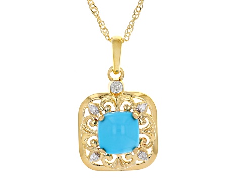 Sleeping Beauty Turquoise Diamond 18k Yellow Gold Over Sterling Silver Pendant With Chain 0.05ctw