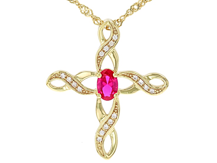 Lab Created Ruby With White Zircon 18k Yellow Gold Over Sterling Silver Pendant With Chain 0.47ctw