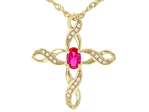 Lab Created Ruby With White Zircon 18k Yellow Gold Over Sterling Silver Pendant With Chain 0.47ctw