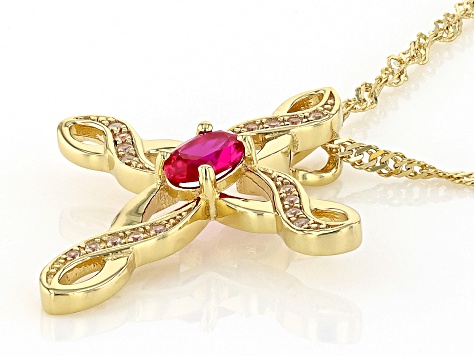 Lab Created Ruby With White Zircon 18k Yellow Gold Over Sterling Silver Pendant With Chain 0.47ctw