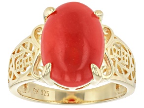 Red Jadeite 18k Yellow Gold Over Sterling Silver Ring