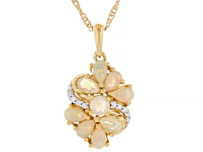 Ethiopian Opal And White Zircon 18k Yellow Gold Over Sterling Silver Pendant With Chain 1.26ctw