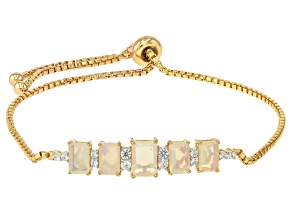 Ethiopian Opal With White Zircon 18k Yellow Gold Over Sterling Silver Bolo Bracelet 2.19ctw