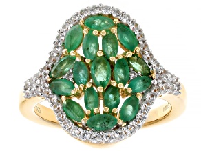 Green Emerald With White Zircon 18k Yellow Gold Over Sterling Silver Ring 1.39ctw