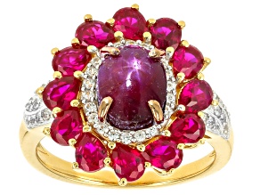 Star Ruby With Lab Ruby and White Zircon 18k Yellow Gold Over Sterling Silver Ring 2.34ctw