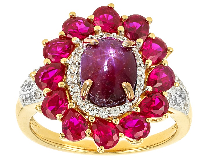 Star Ruby With Lab Ruby and White Zircon 18k Yellow Gold