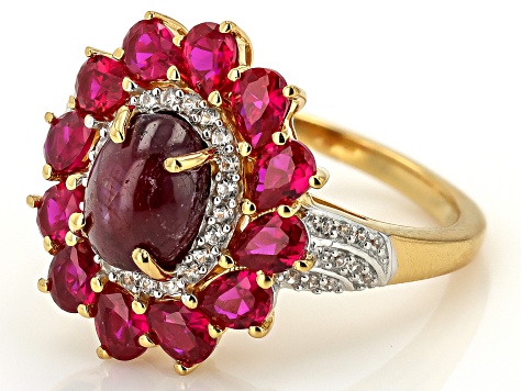 Star Ruby With Lab Ruby and White Zircon 18k Yellow Gold