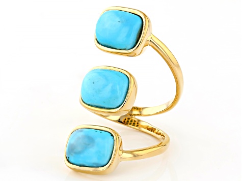 Blue Kingman Turquoise 18k Yellow Gold Over Sterling Silver Ring