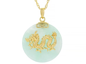 Green Jadeite 18k Yellow Gold Over Sterling Silver Dragon Pendant With Chain