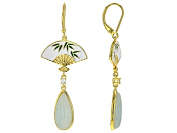 Picture of Green Jadeite With White Zircon 18k Yellow Gold Over Sterling Silver Fan Earrings 0.17ctw
