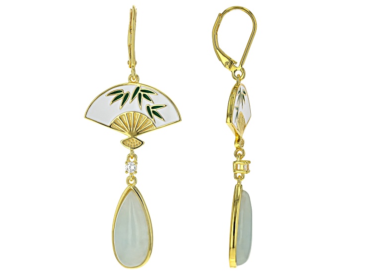 Green Jadeite With White Zircon 18k Yellow Gold Over Sterling Silver Fan Earrings 0.17ctw