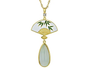Green Jadeite With White Zircon 18k Yellow Gold Over Sterling Silver Fan Pendant With Chain 0.11ctw