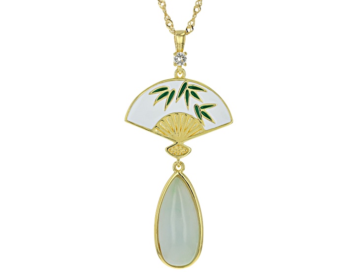 Green Jadeite With White Zircon 18k Yellow Gold Over Sterling Silver Fan Pendant With Chain 0.11ctw