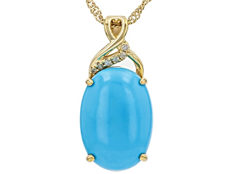 Sleeping Beauty Turquoise With White Diamond 18k Yellow Gold Over Silver Pendant with Chain 0.04ctw