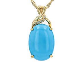 Sleeping Beauty Turquoise With White Diamond 18k Yellow Gold Over Silver Pendant with Chain 0.04ctw