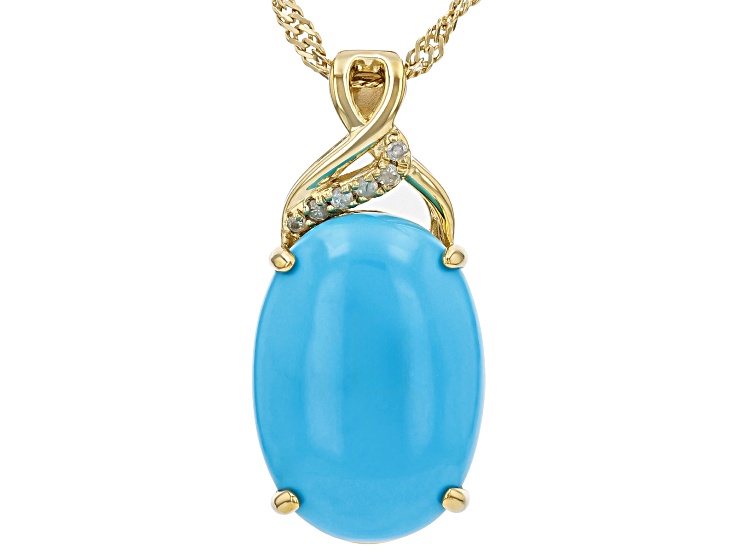 Sleeping Beauty Turquoise With White Diamond 18k Yellow Gold Over Silver Pendant with Chain 0.04ctw