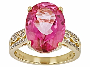 Pink Topaz With White Zircon 18k Yellow Gold Over Sterling Silver Ring 9.99ctw