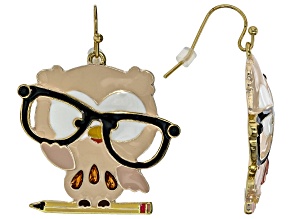Brown Crystal With Multi-Color Enamel Gold Tone Nerdy Owl Earrings