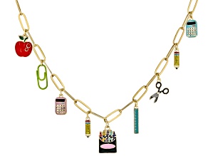Multi-Color Enamel & Crystal Gold Tone "School Supplies" Charm Necklace