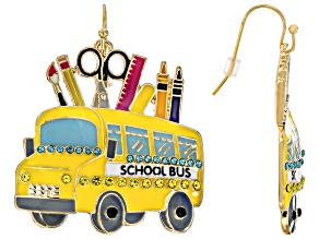 Multi-Color Enamel & Crystal Gold Tone School Bus Earrings