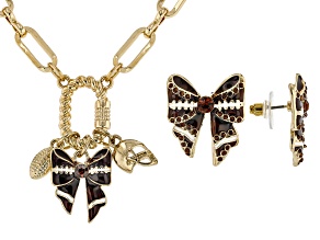 Multi-Color Crystal & Enamel Gold Tone Football Bow Necklace & Earring Set