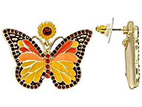 Multi-Color Enamel & Crystal Gold Tone  Autumn Sunflower & Butterfly Earrings