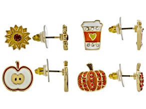 Multi-Color Enamel & Crystal Gold Tone "Hello Fall" Set of 4 Stud Earrings