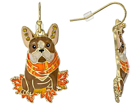Multi-Color Enamel & Brown Crystal Gold Tone Cozy Autumn Frenchie Earrings