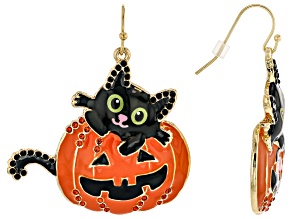 Multi-Color Enamel & Crystal Gold Tone Cat & Jack-O-Lantern Earrings