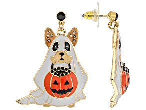 Multi-Color Enamel & Black Crystal Gold Tone Ghost Dog Trick-or-Treat Earrings