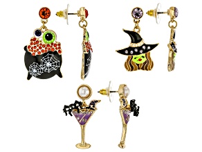 Multi-Color Crystal, Enamel, Pearl Simulant Gold Tone "Witch's Brew" Set of 3 Earrings