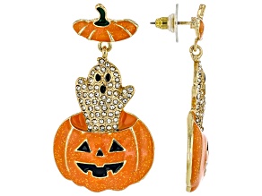 White Crystal & Multi-Color Enamel Gold Tone Ghost Jack-O-Lantern Earrings